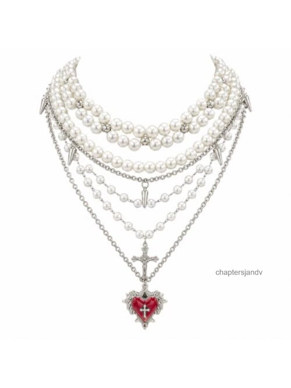 Layered Faux Pearl Cross Necklace Set 5Pcs Goth Punk Statement Jewelry